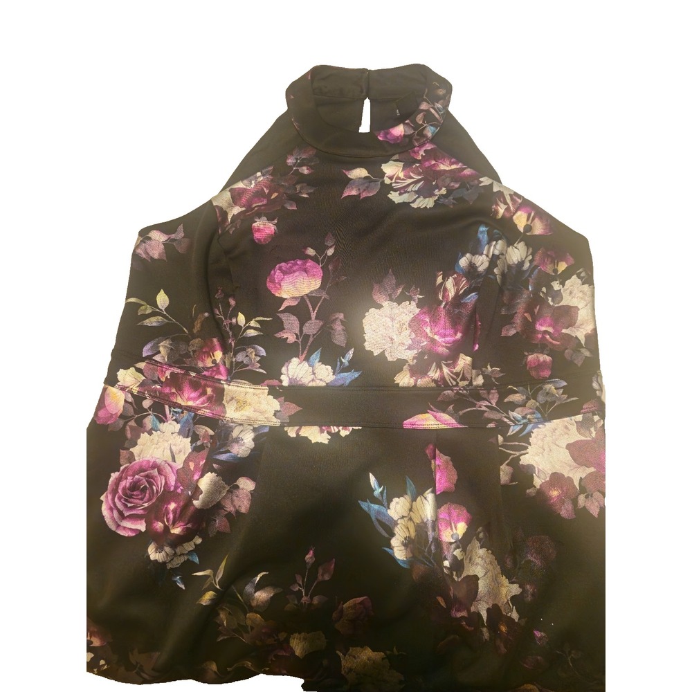 En Focus Studio 16W Dark Romantic Floral Halter High Low Metallic Satin Dress - Picture 5 of 10
